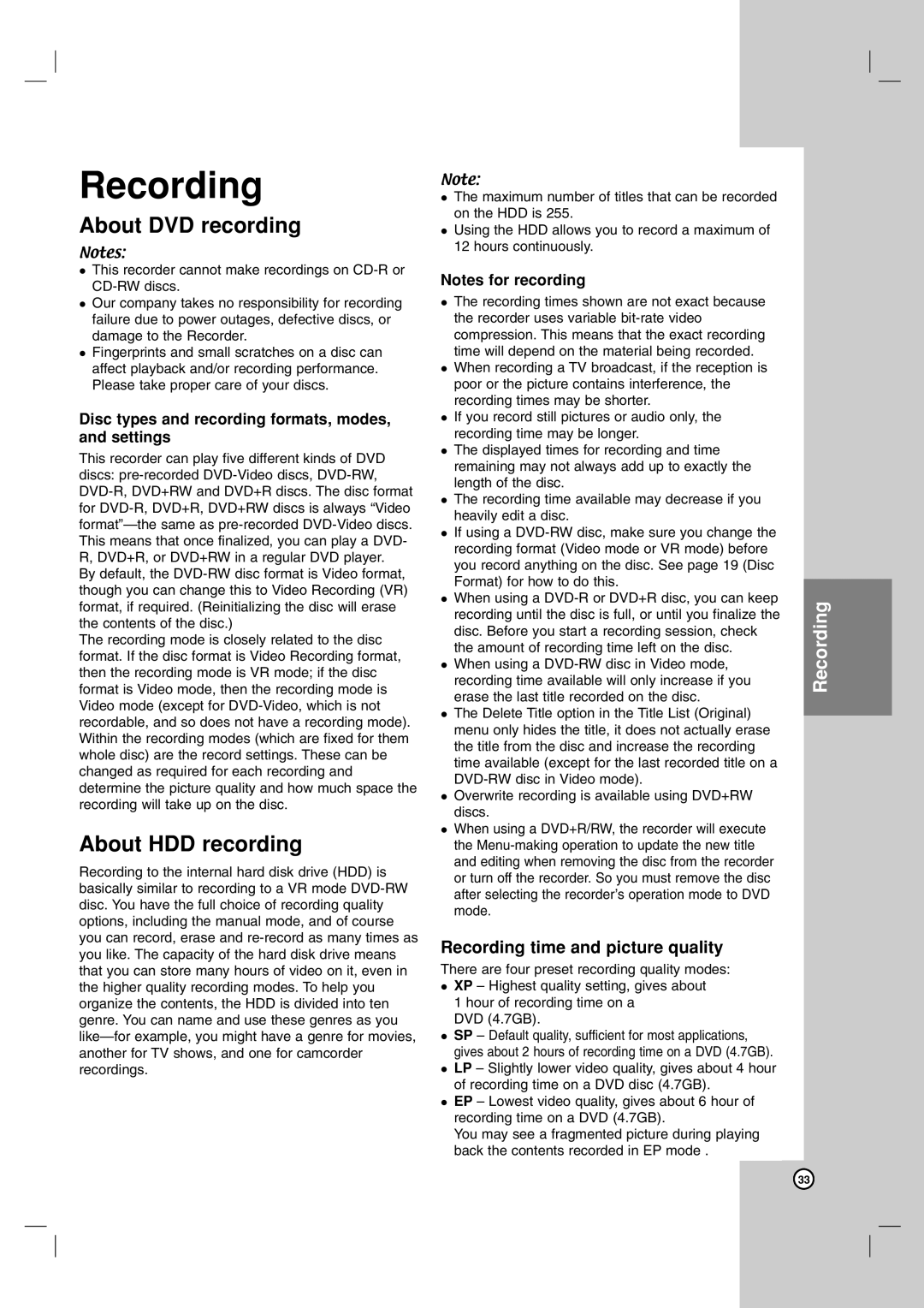 NEC NDH-81 NDH-161 owner manual About DVD recording, About HDD recording, Recording time and picture quality 