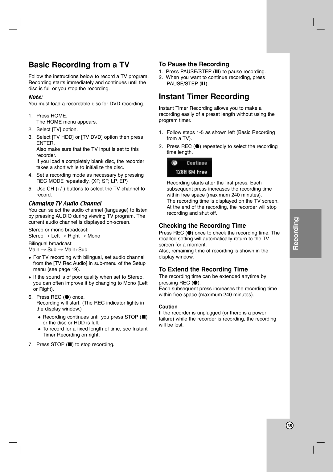 NEC NDH-81 NDH-161 Basic Recording from a TV, Instant Timer Recording, To Pause the Recording, Checking the Recording Time 