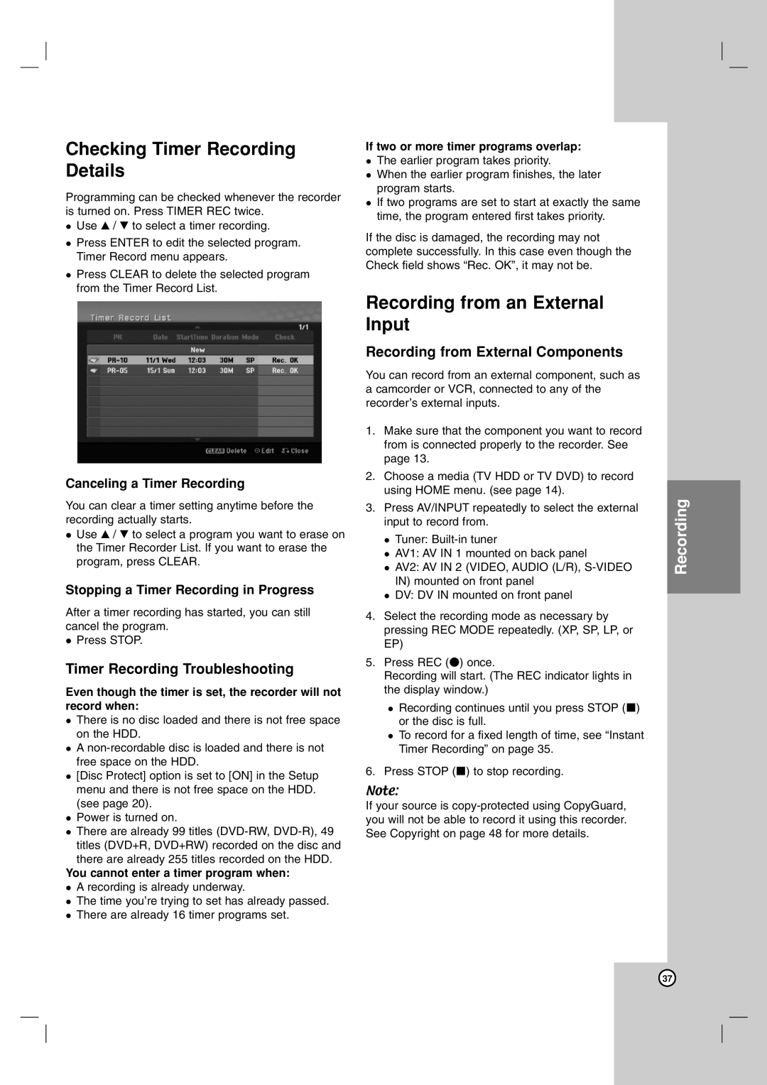 NEC NDH-81 NDH-161 Checking Timer Recording Details, Recording from an External Input, Timer Recording Troubleshooting 