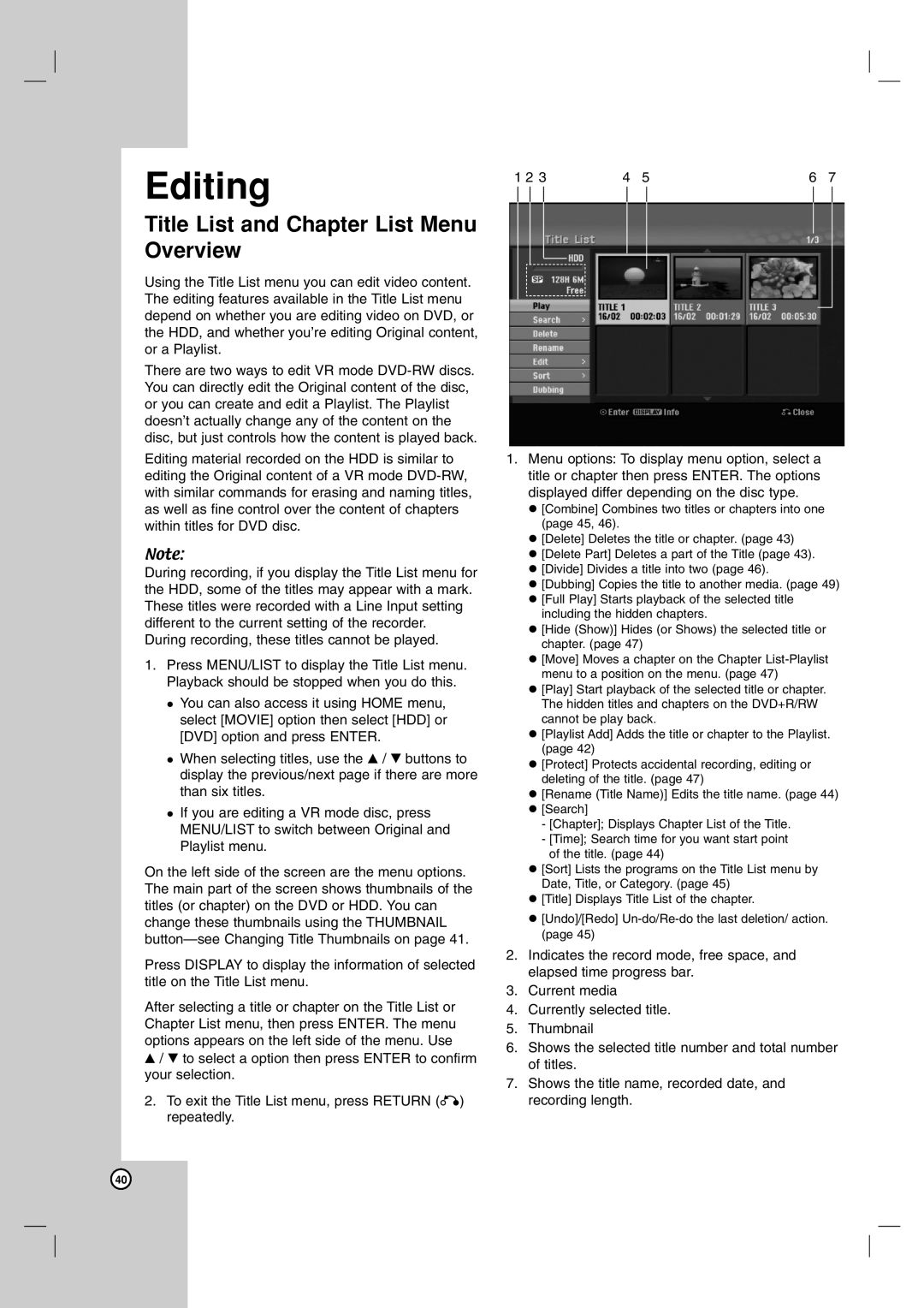 NEC NDH-81 NDH-161 owner manual Editing, Title List and Chapter List Menu Overview 