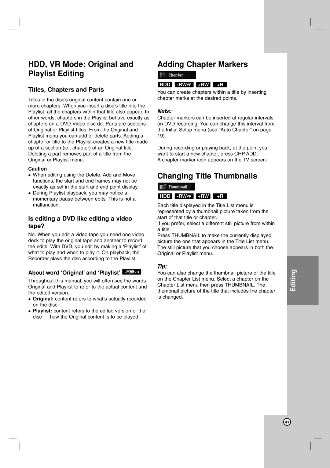 NEC NDH-81 NDH-161 HDD, VR Mode Original and Playlist Editing, Adding Chapter Markers, Changing Title Thumbnails 