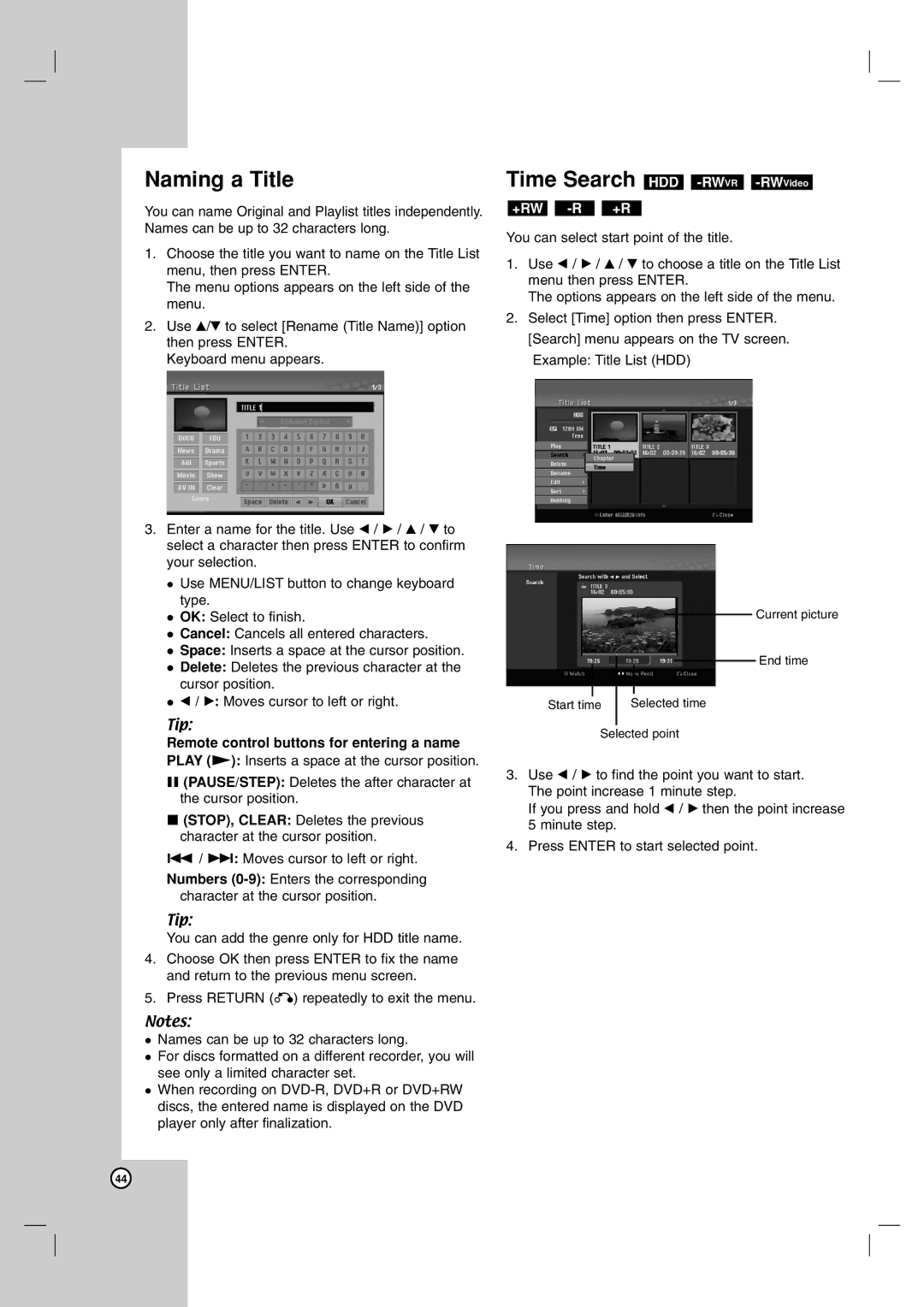 NEC NDH-81 NDH-161 owner manual Naming a Title, Time Search HDD -RWVR-RWVideo, Remote control buttons for entering a name 