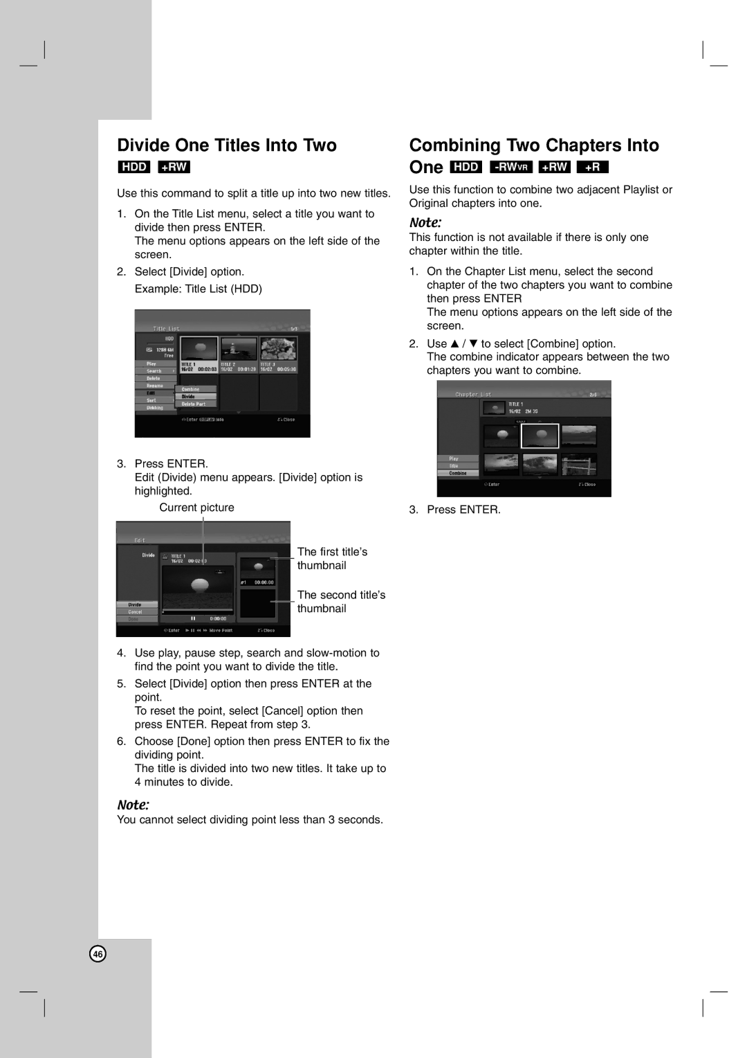 NEC NDH-81 NDH-161 owner manual Divide One Titles Into Two, Combining Two Chapters Into 