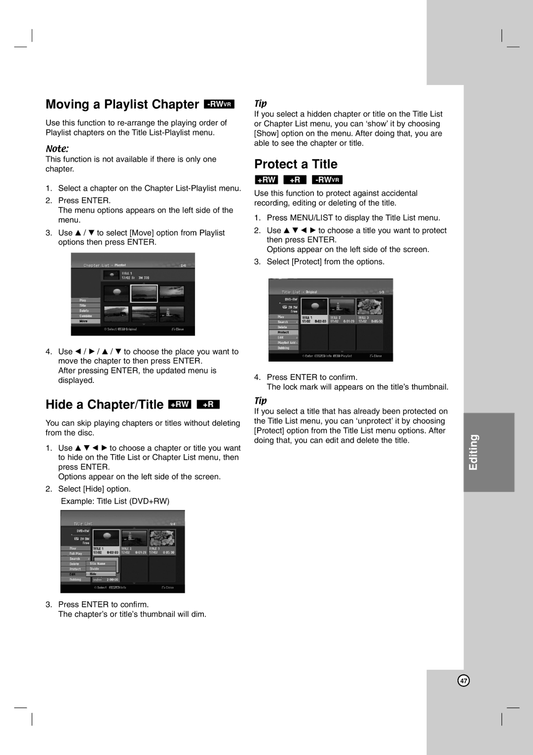 NEC NDH-81 NDH-161 owner manual Moving a Playlist Chapter -RWVR, Hide a Chapter/Title +RW +R, Protect a Title 