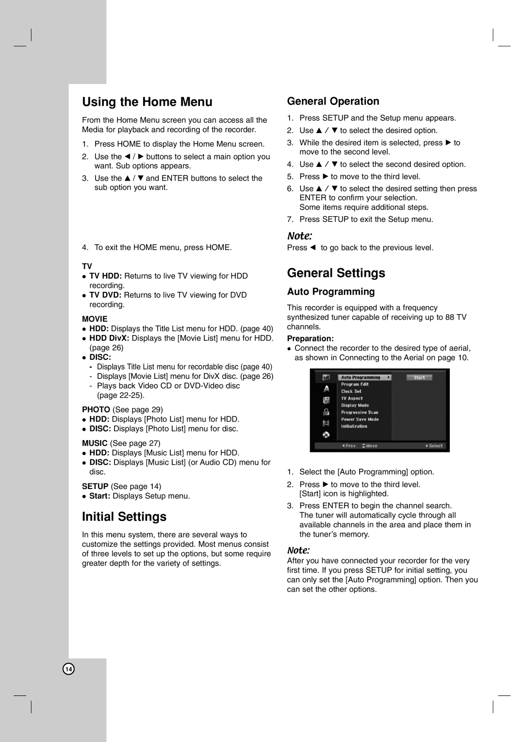 NEC NDH-81 owner manual Using the Home Menu, Initial Settings, General Settings, Auto Programming, Preparation 