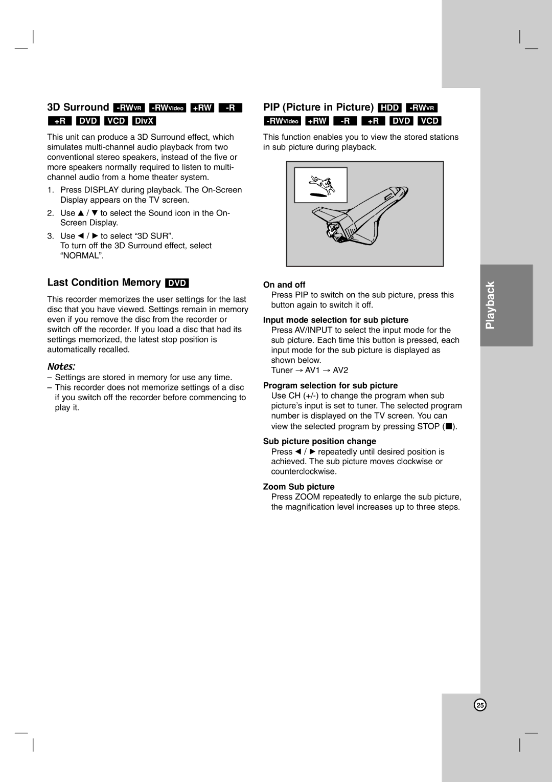 NEC NDH-81 owner manual 3D Surround -RWVR-RWVideo+RW -R, Last Condition Memory DVD, PIP Picture in Picture HDD -RWVR 