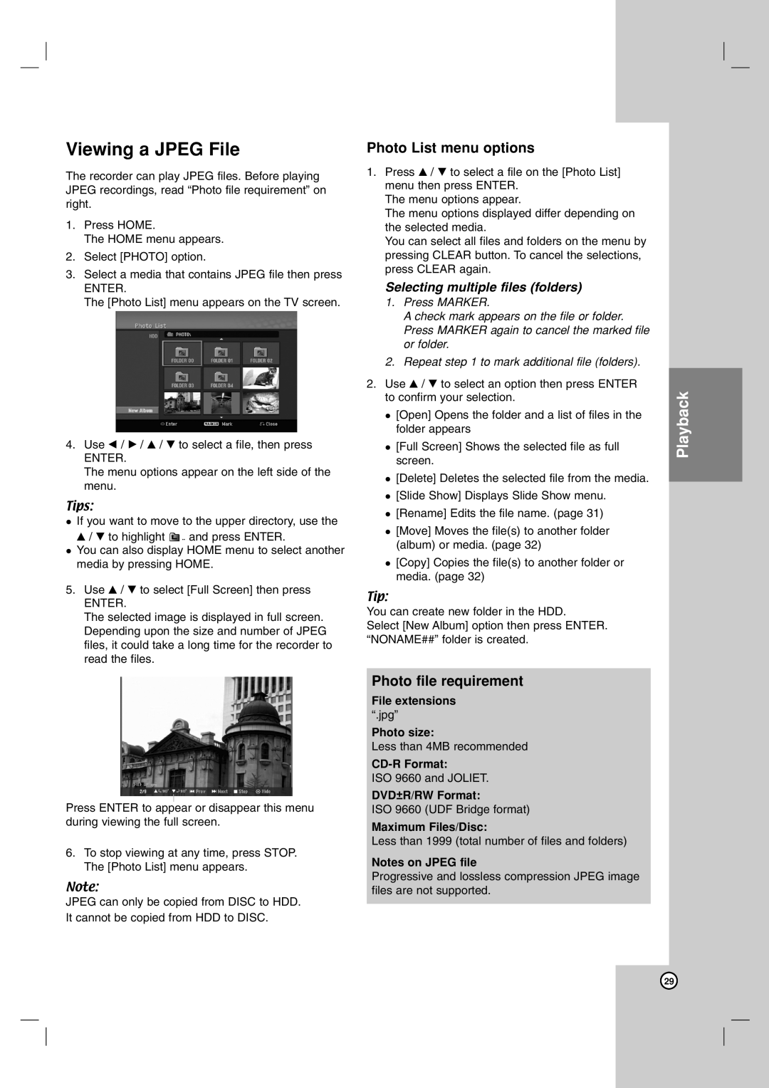 NEC NDH-81 owner manual Viewing a Jpeg File, Photo List menu options, Photo file requirement, Photo size 