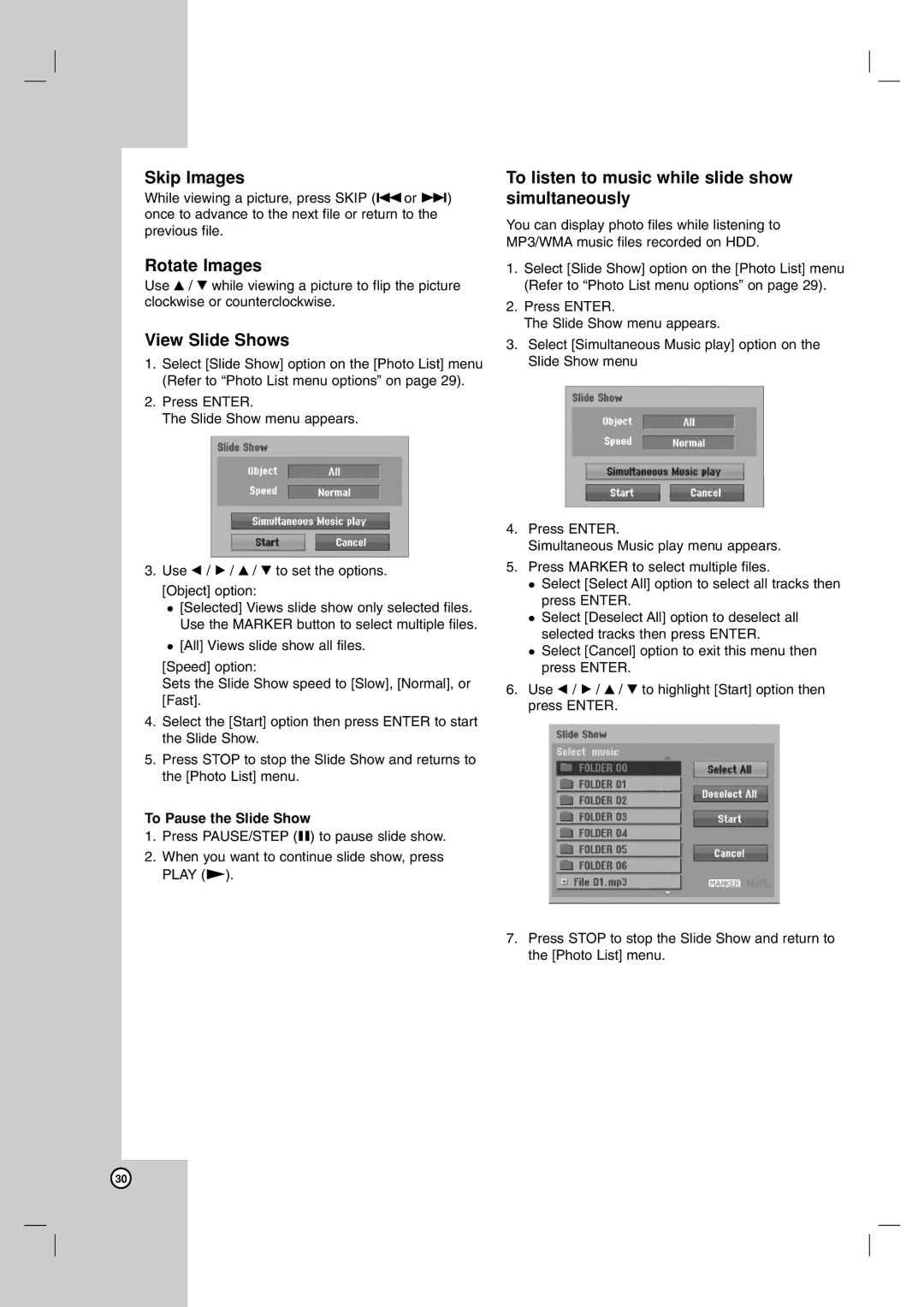 NEC NDH-81 owner manual Skip Images, Rotate Images, View Slide Shows, To listen to music while slide show simultaneously 