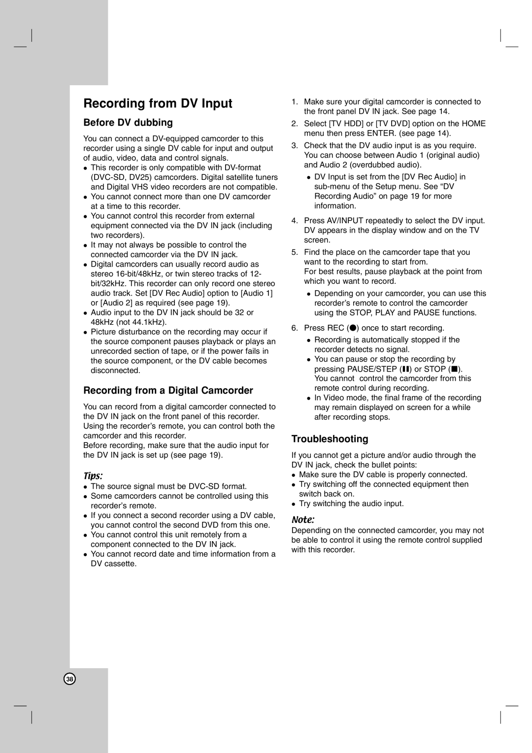 NEC NDH-81 owner manual Recording from DV Input, Before DV dubbing, Recording from a Digital Camcorder, Troubleshooting 