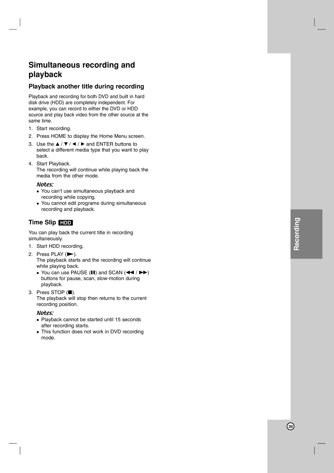 NEC NDH-81 owner manual Simultaneous recording and playback, Playback another title during recording, Time Slip HDD 