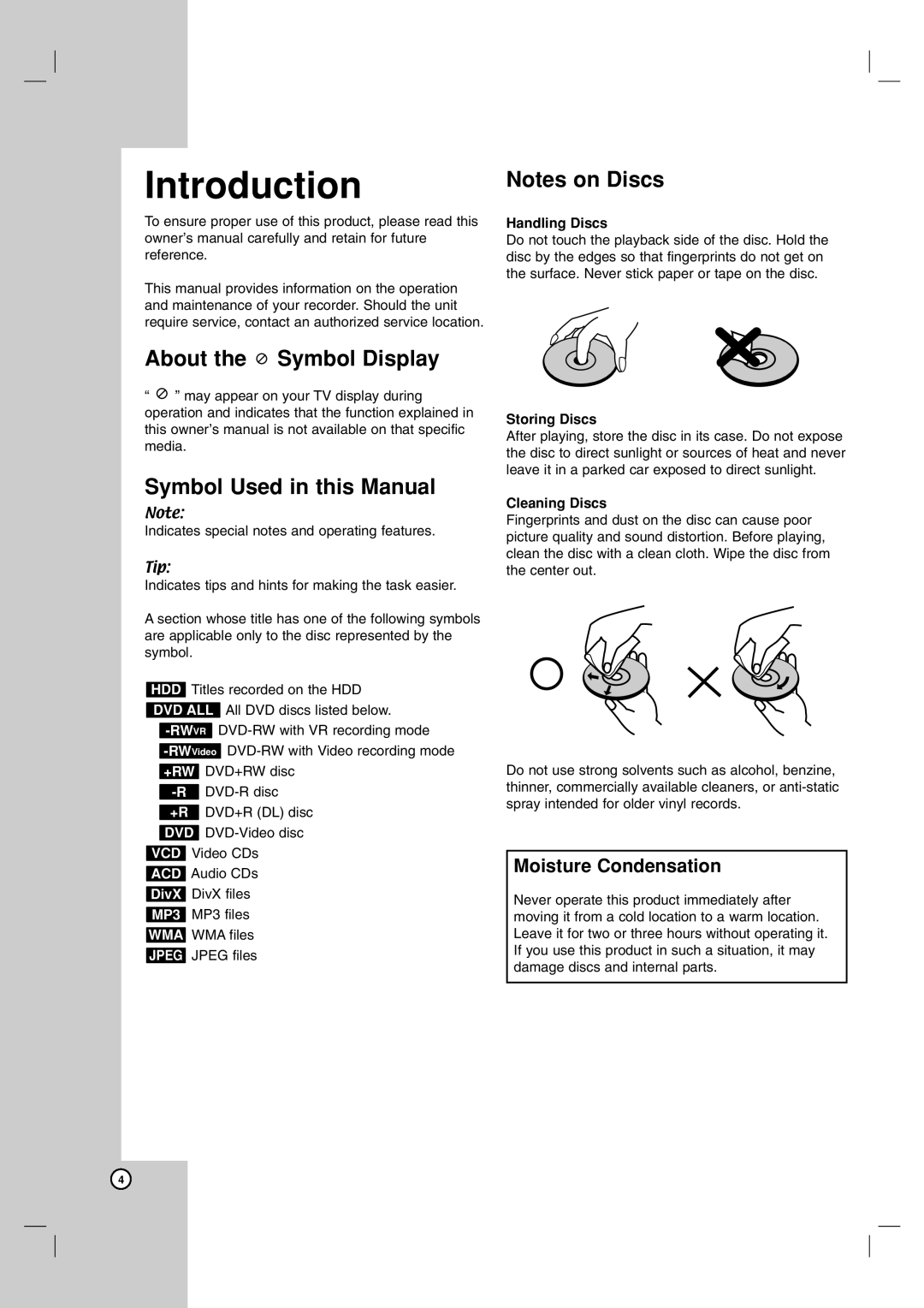 NEC NDH-81 owner manual Introduction, About the Symbol Display Symbol Used in this Manual, Handling Discs, Storing Discs 