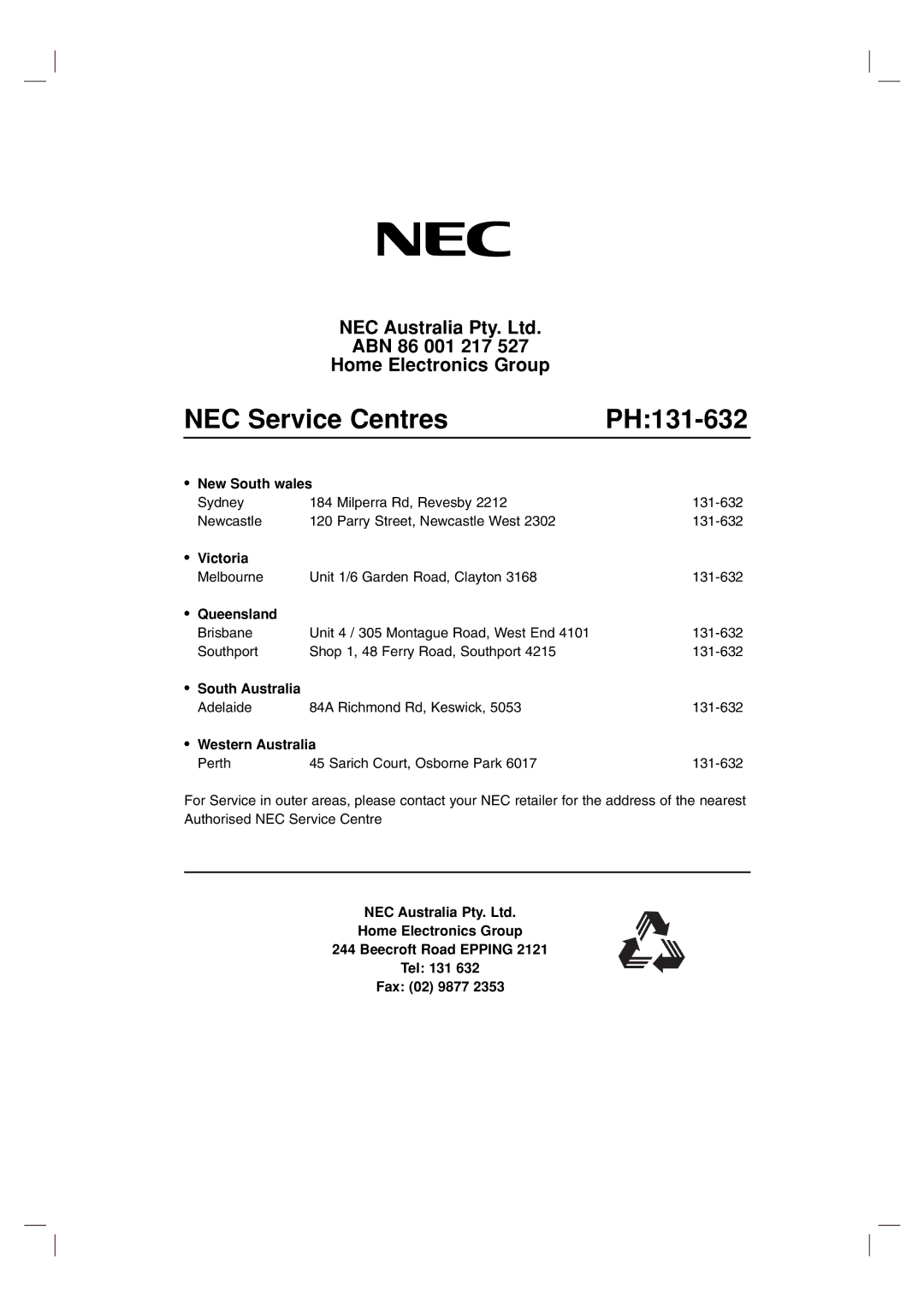 NEC NDH-81 owner manual New South wales, Victoria, Queensland, South Australia, Western Australia 