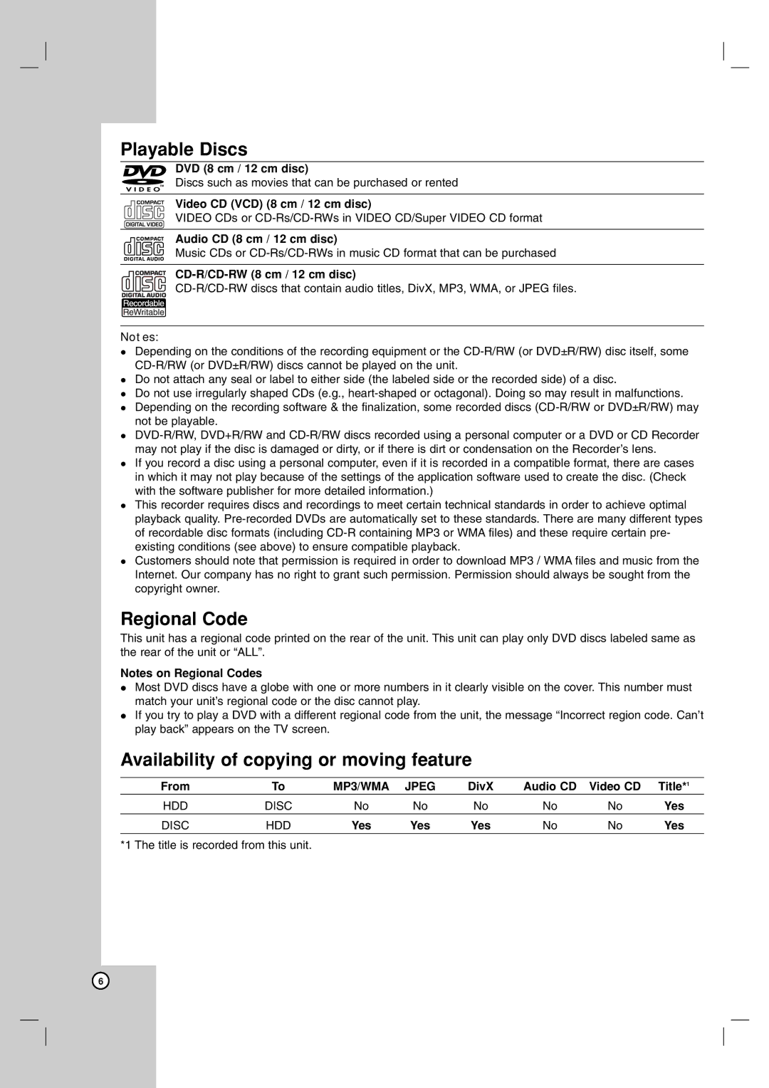 NEC NDH-81 owner manual Playable Discs, Regional Code, Availability of copying or moving feature 