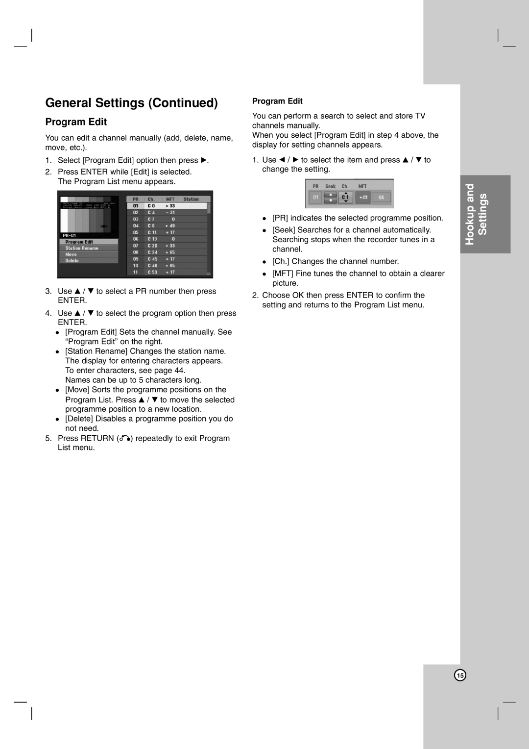 NEC NDH-81 owner manual General Settings Continued, Program Edit, Hookup and Settings 