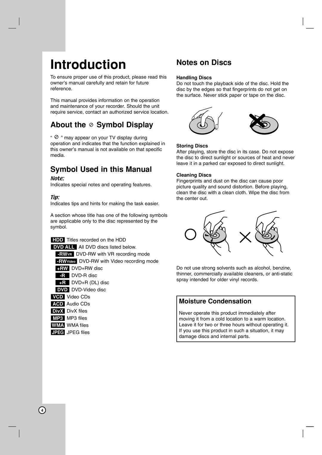 NEC NDH-81 Introduction, About the Symbol Display, Symbol Used in this Manual, Notes on Discs, Moisture Condensation 