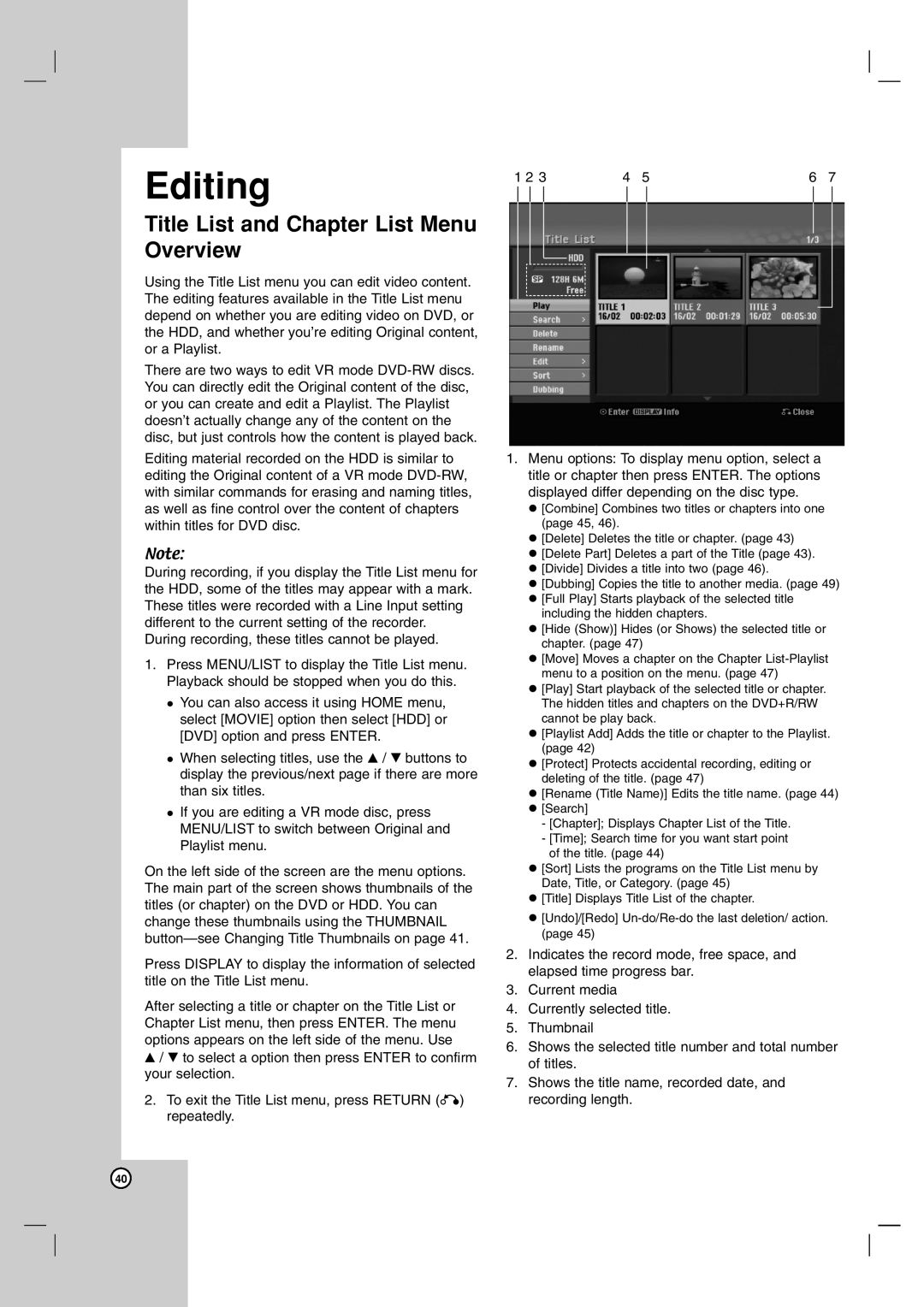 NEC NDH-81 owner manual Editing, Title List and Chapter List Menu Overview 