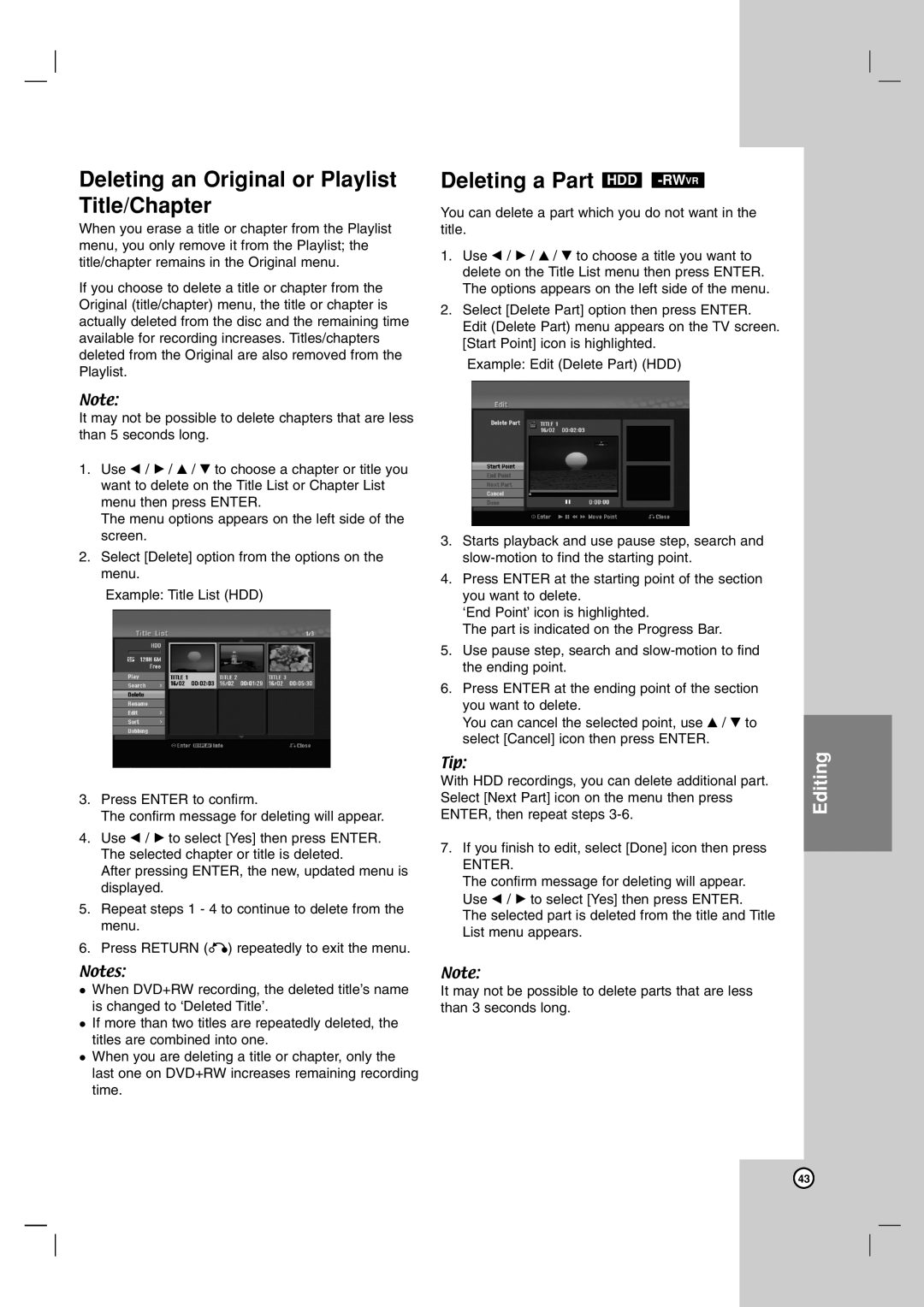 NEC NDH-81 owner manual Deleting an Original or Playlist Title/Chapter, Deleting a Part HDD -RWVR, Editing 