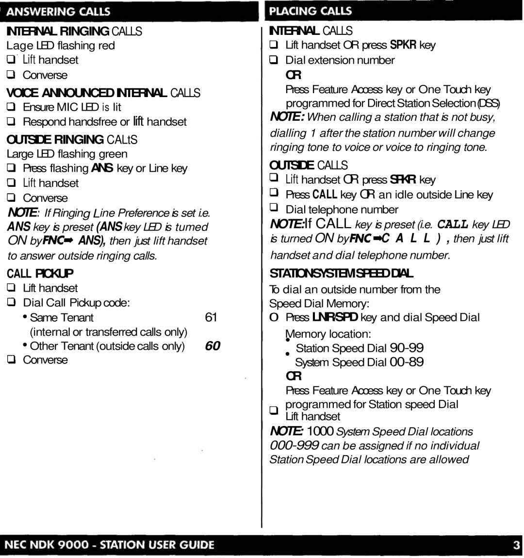 NEC NDK 900 Internal Ringing Calls, Voice Announced Internal Calls, Call Pickup, Outside Calls, STATION/SYSTEM Speed Dial 