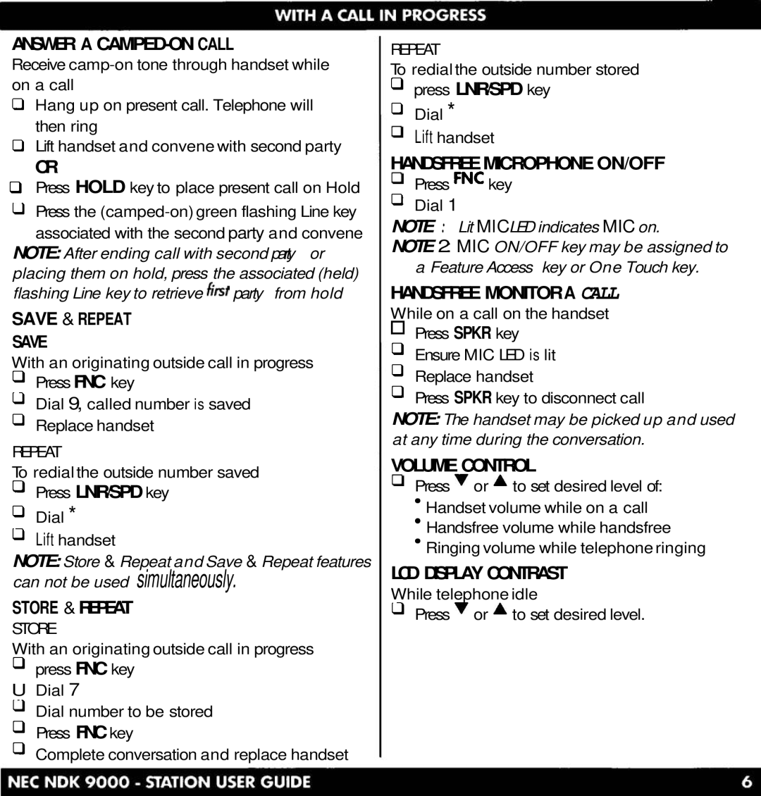 NEC NDK 900 Answer a CAMPED-ON Call, Save & Repeat, Store & Repeat, Handsfree Microphone ON/OFF, Handsfree Monitora Call 