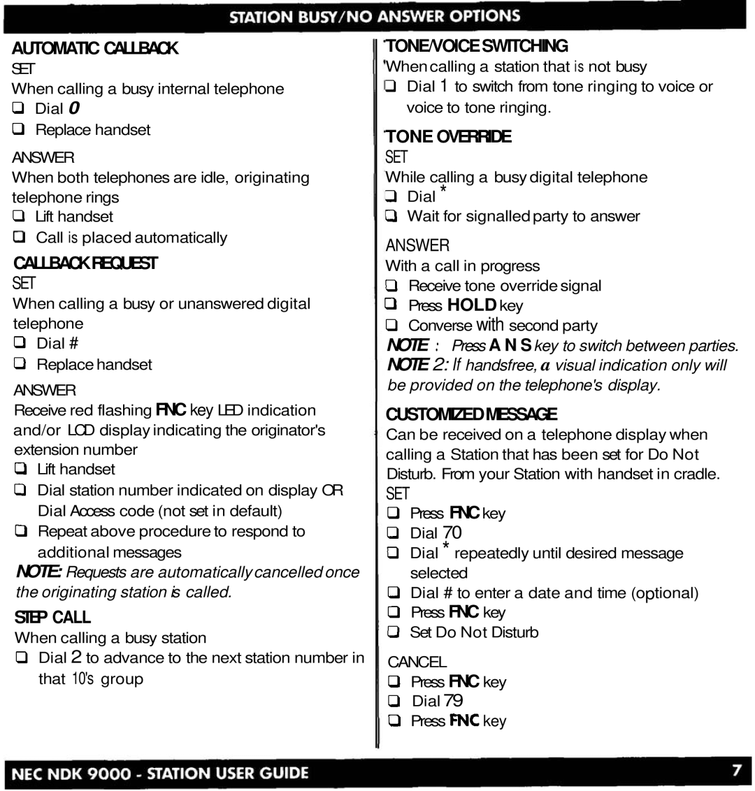 NEC NDK 900 manual Automatic Callback, Callback Request, Step Call, Tone Override, Customizedmessage 