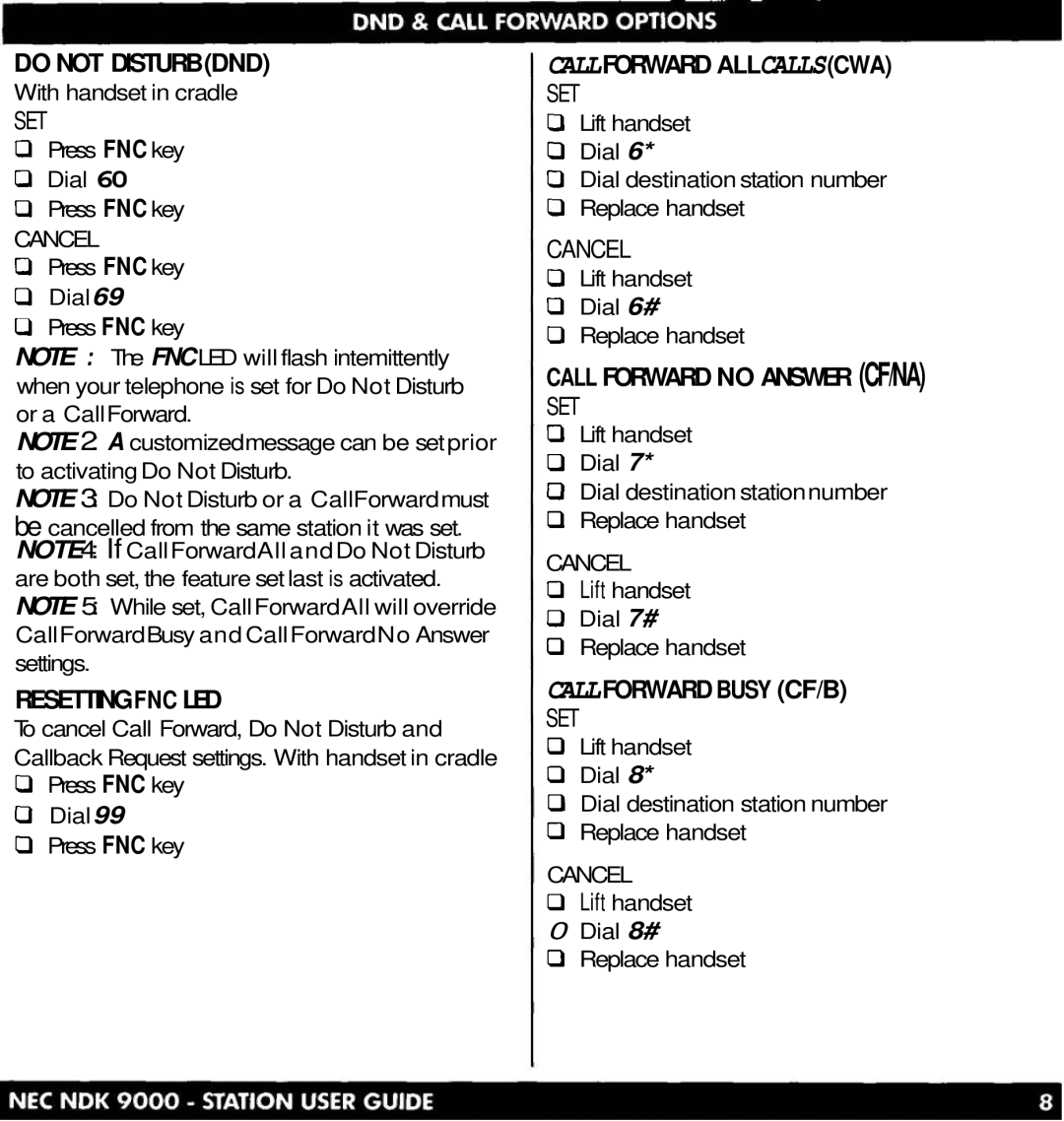 NEC NDK 900 manual Callforward Allcallscwa, Call Forward no Answer Cfna, Callforward Busy CF/B 