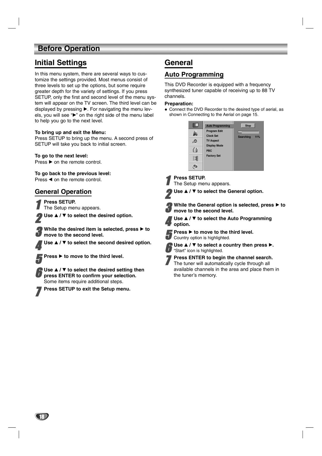 NEC NDR50 owner manual Before Operation Initial Settings, General Operation, Auto Programming 