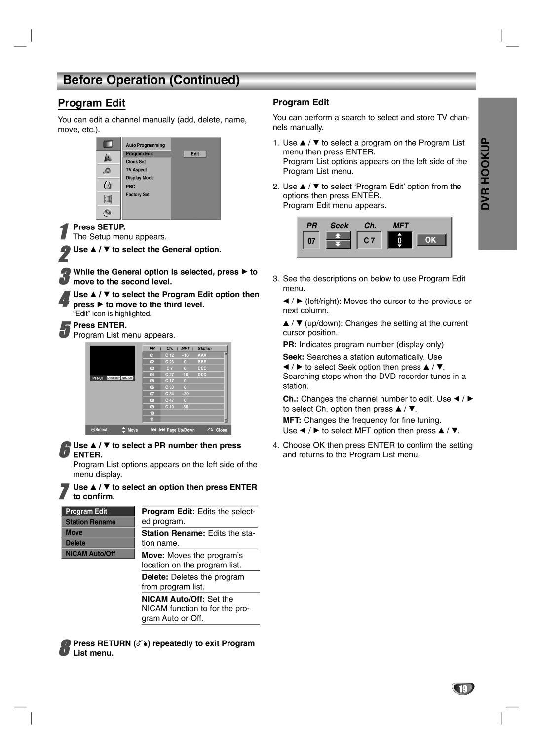 NEC NDR50 owner manual Before Operation, Program Edit 