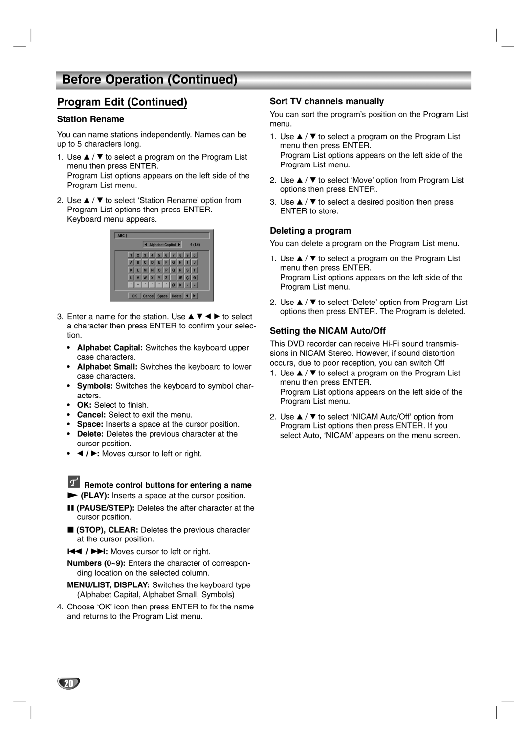 NEC NDR50 owner manual Station Rename, Sort TV channels manually, Deleting a program, Setting the Nicam Auto/Off 