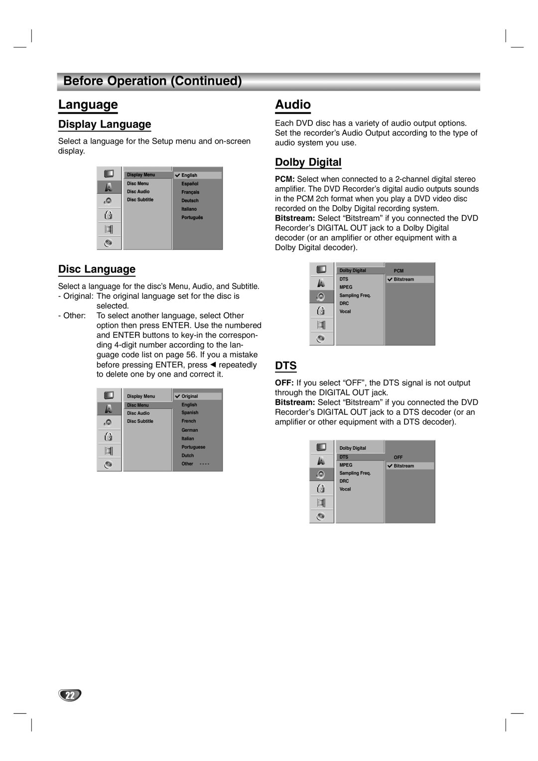 NEC NDR50 owner manual Before Operation Language, Audio, Display Language, Disc Language, Dolby Digital 