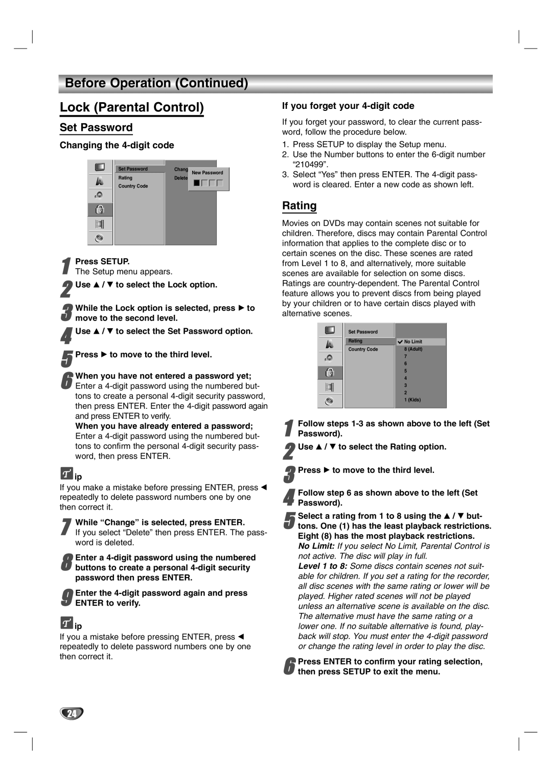 NEC NDR50 owner manual Before Operation Lock Parental Control, Set Password, Rating, Changing the 4-digit code 