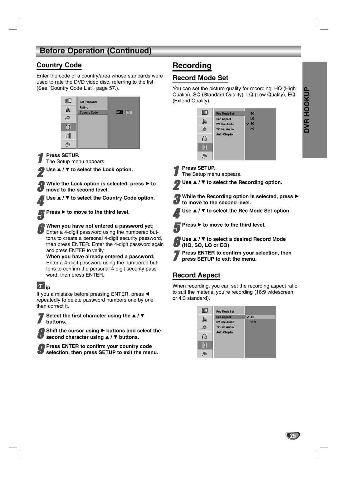 NEC NDR50 owner manual Recording, Record Mode Set, Record Aspect 