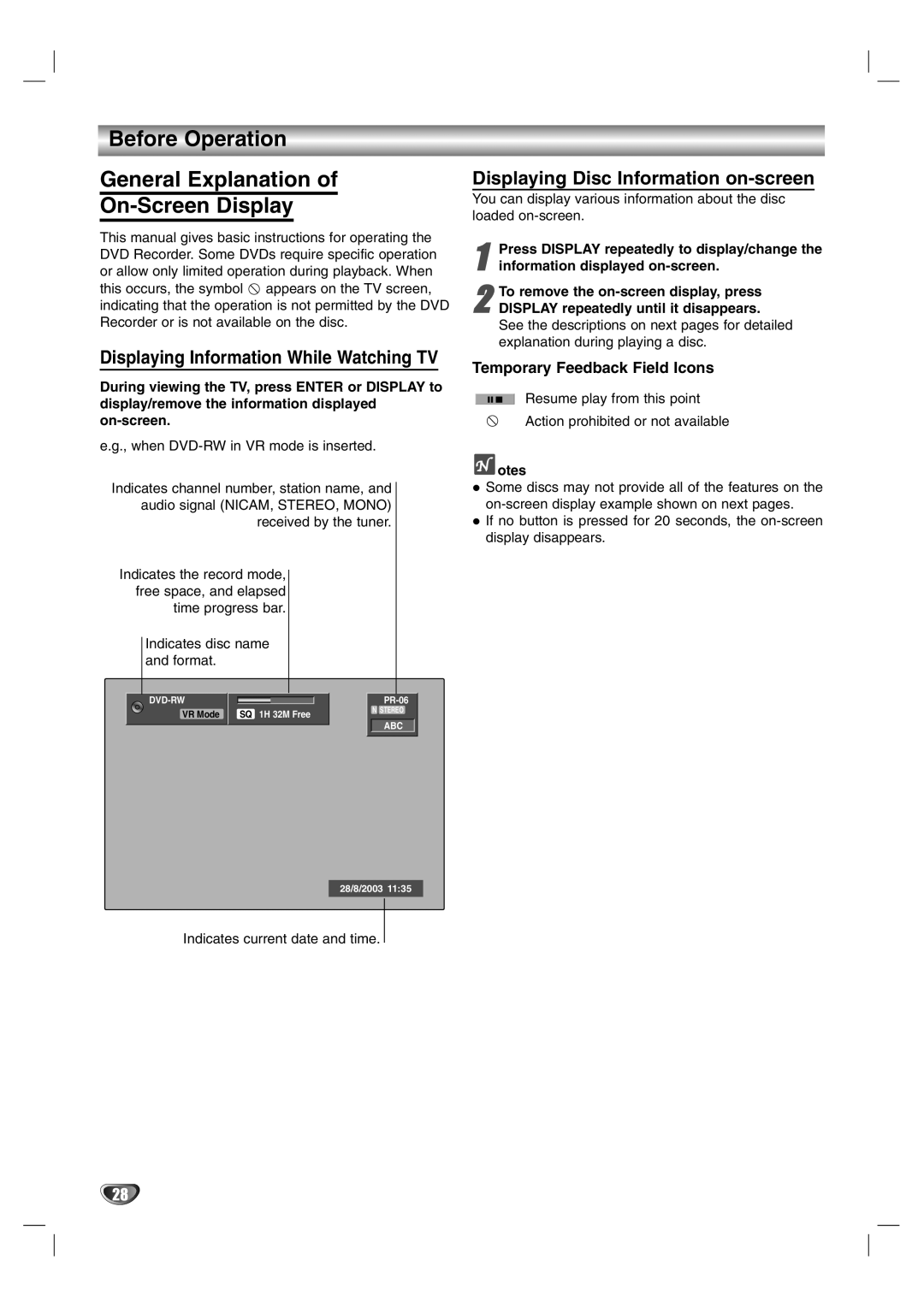 NEC NDR50 owner manual Before Operation General Explanation On-Screen Display, Displaying Information While Watching TV 