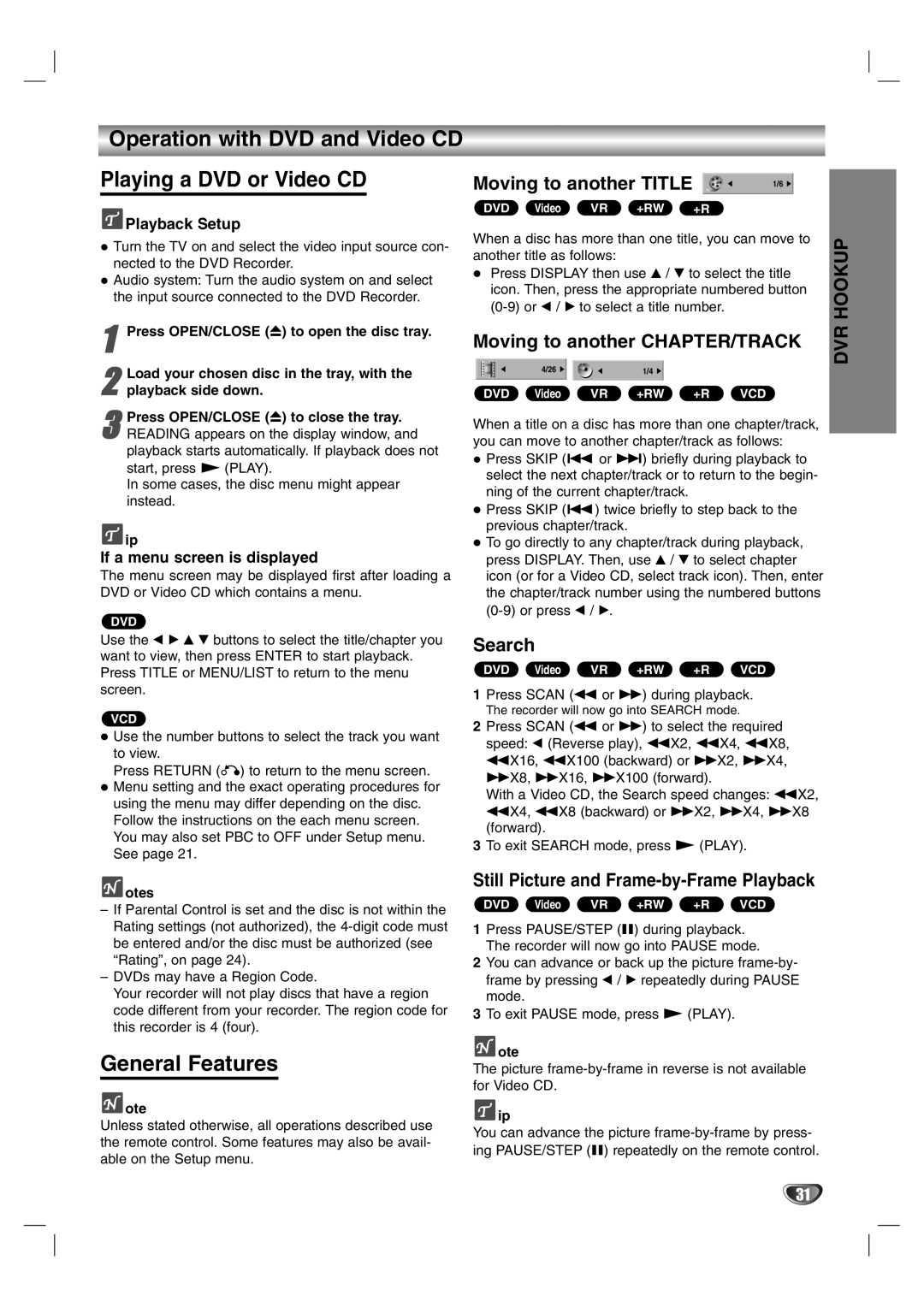 NEC NDR50 owner manual Operation with DVD and Video CD Playing a DVD or Video CD, General Features 