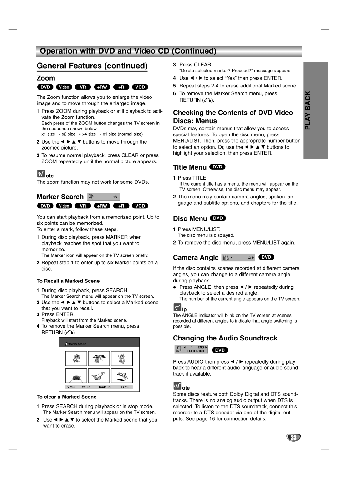 NEC NDR50 Zoom, Marker Search, Checking the Contents of DVD Video Discs Menus, Title Menu DVD, Disc Menu DVD, Camera Angle 