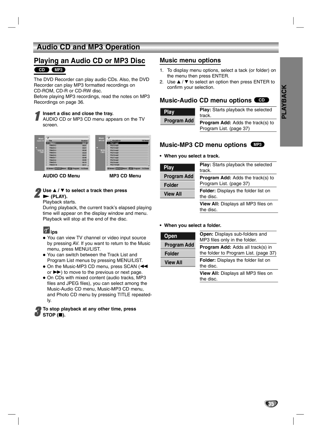 NEC NDR50 Audio CD and MP3 Operation Playing an Audio CD or MP3 Disc, Music menu options, Music-Audio CD menu options 