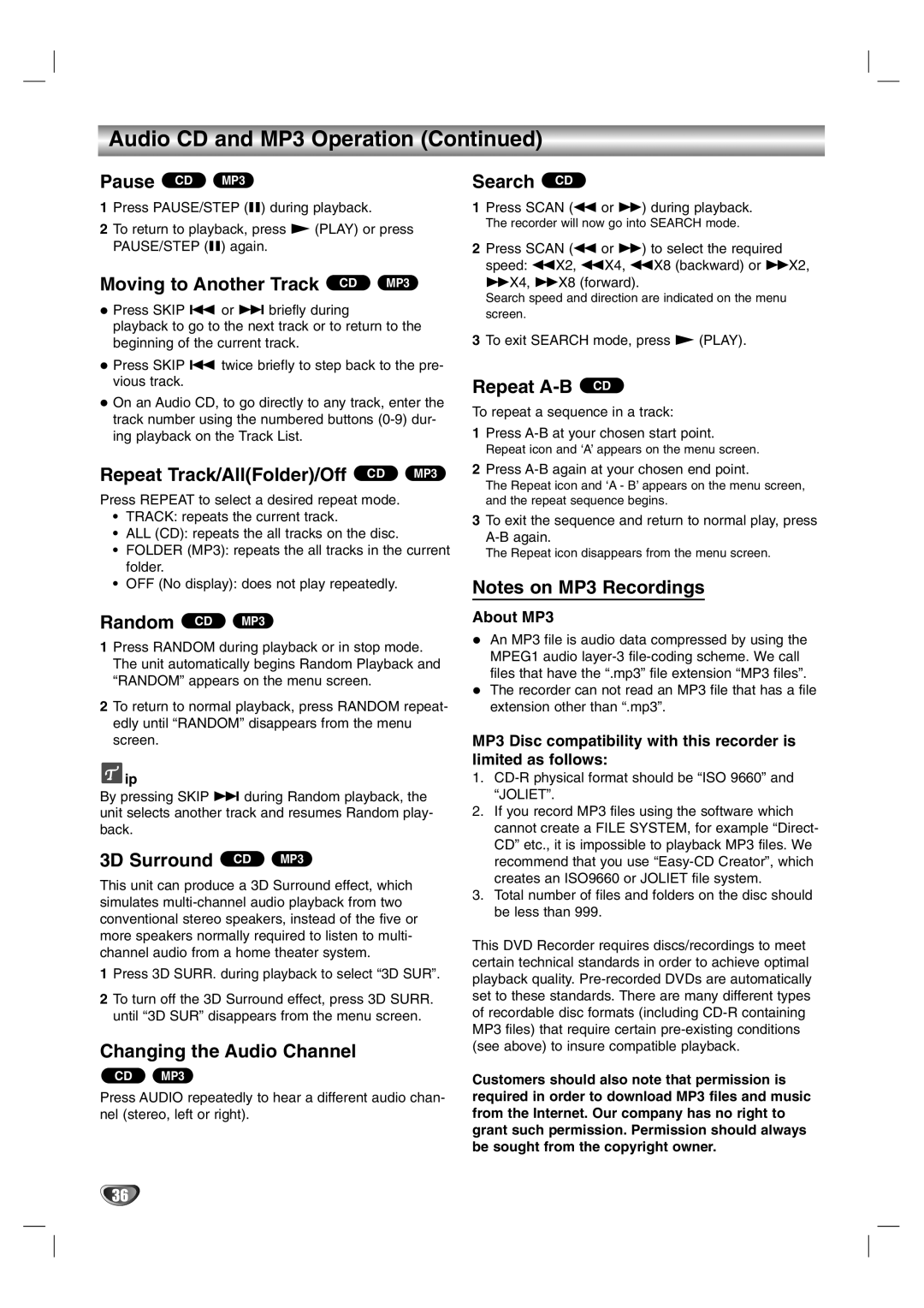 NEC NDR50 owner manual Audio CD and MP3 Operation 