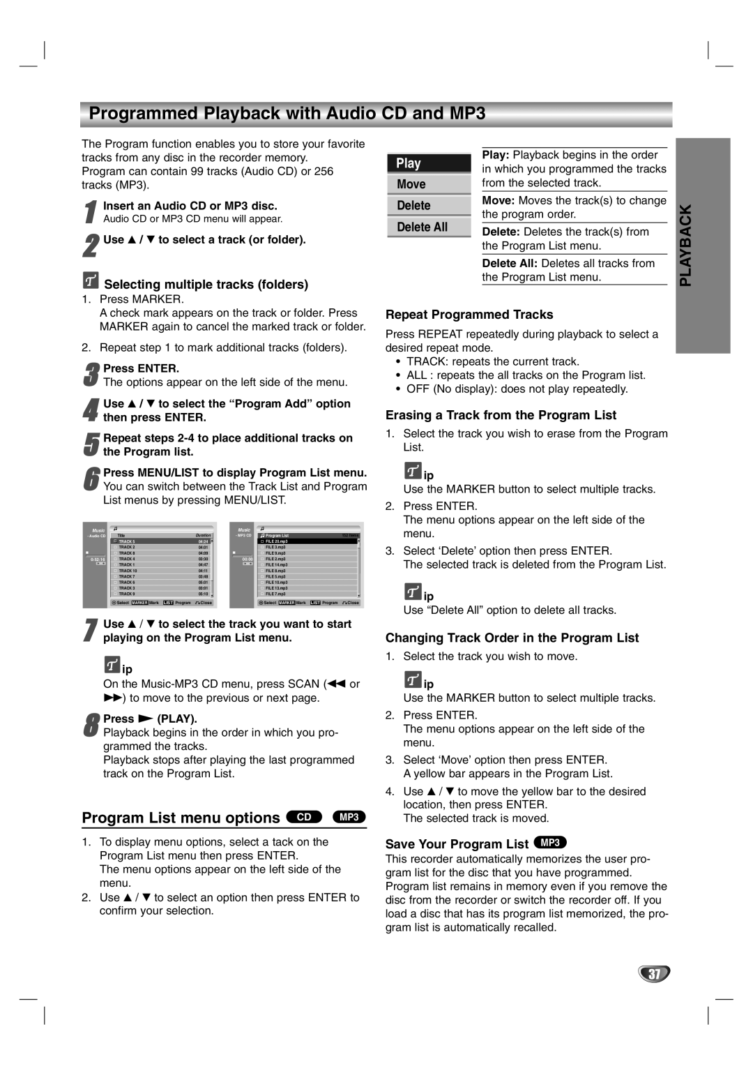 NEC NDR50 owner manual Programmed Playback with Audio CD and MP3, Program List menu options CD MP3 