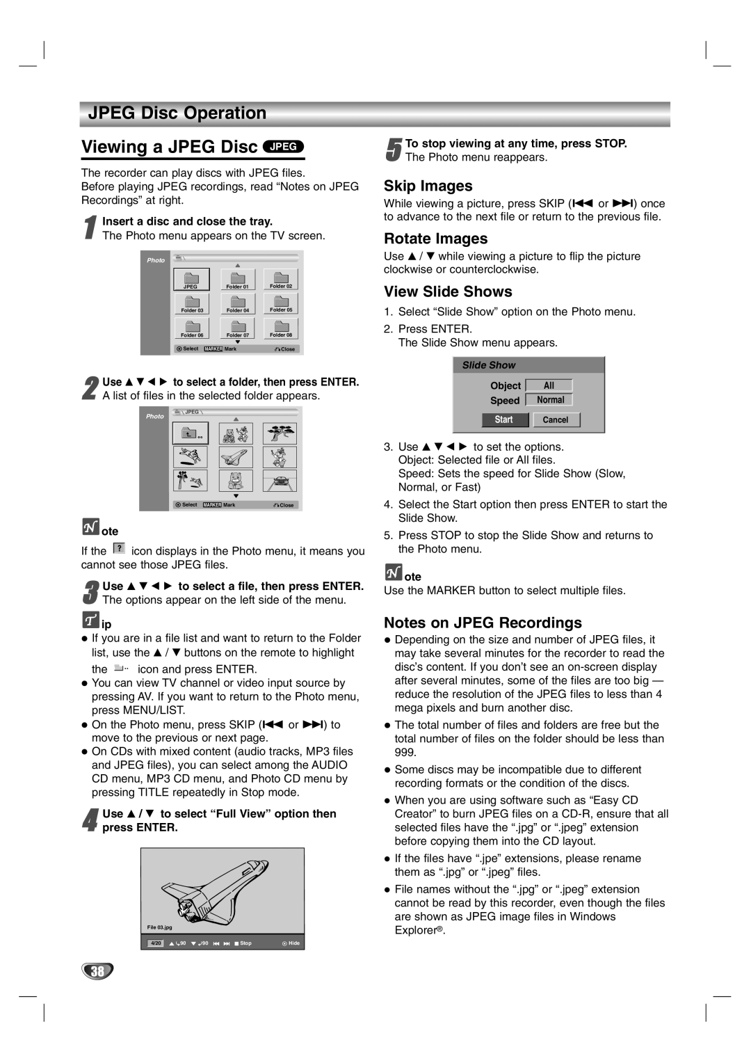 NEC NDR50 owner manual Jpeg Disc Operation Viewing a Jpeg Disc Jpeg, Skip Images, Rotate Images, View Slide Shows 