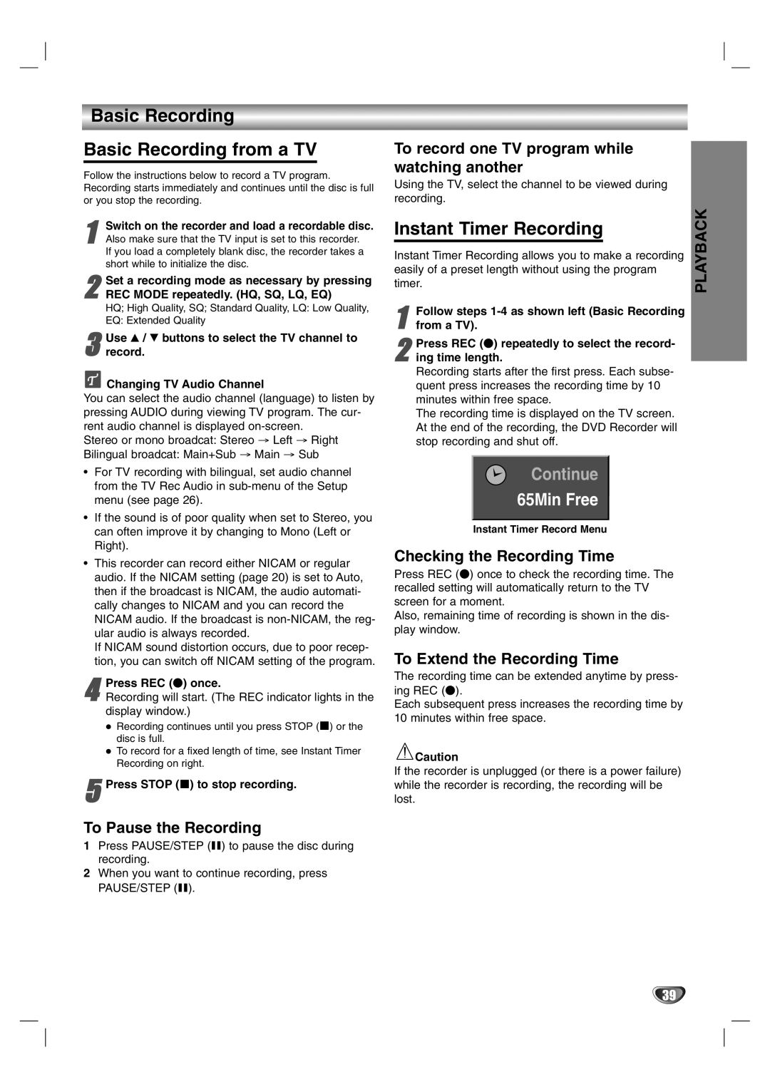 NEC NDR50 owner manual Basic Recording Basic Recording from a TV, Instant Timer Recording 