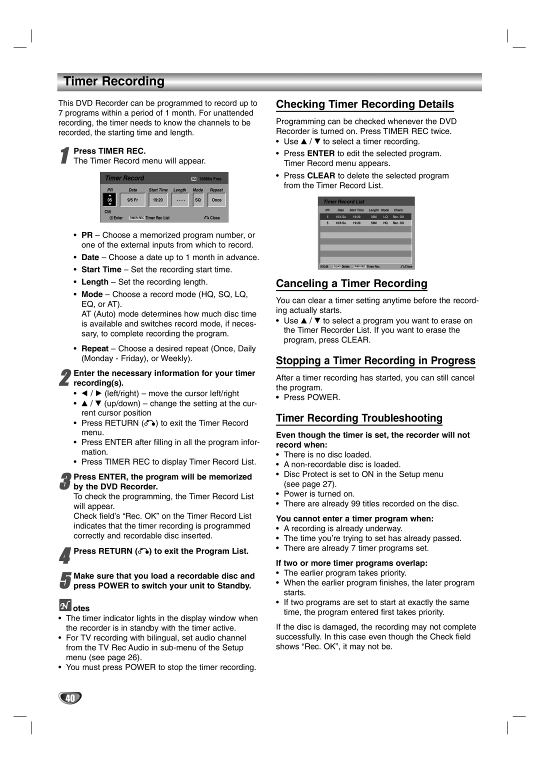 NEC NDR50 Checking Timer Recording Details, Canceling a Timer Recording, Stopping a Timer Recording in Progress 