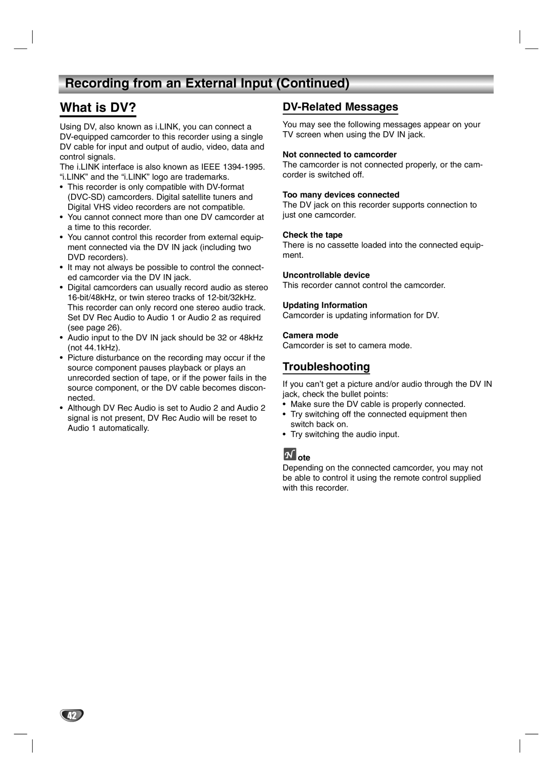 NEC NDR50 owner manual Recording from an External Input What is DV?, DV-Related Messages, Troubleshooting 