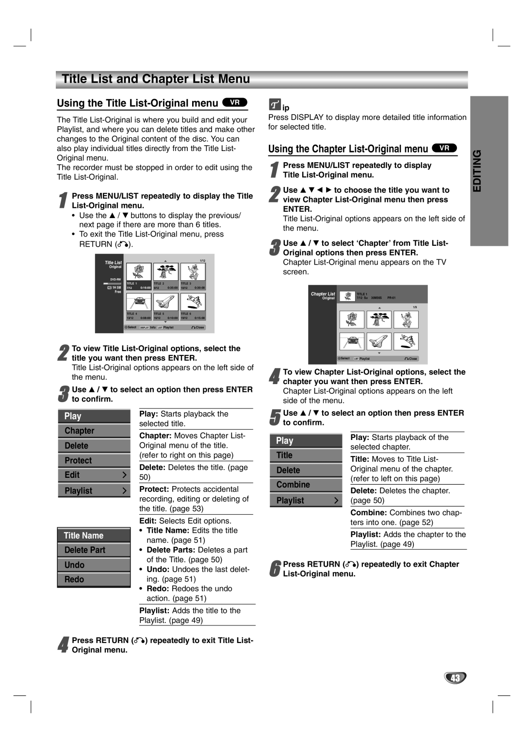 NEC NDR50 Title List and Chapter List Menu, Using the Title List-Original menu VR, Using the Chapter List-Original menu VR 