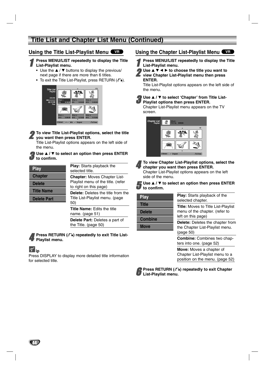 NEC NDR50 owner manual Using the Title List-Playlist Menu VR, Using the Chapter List-Playlist Menu VR, Title Name 