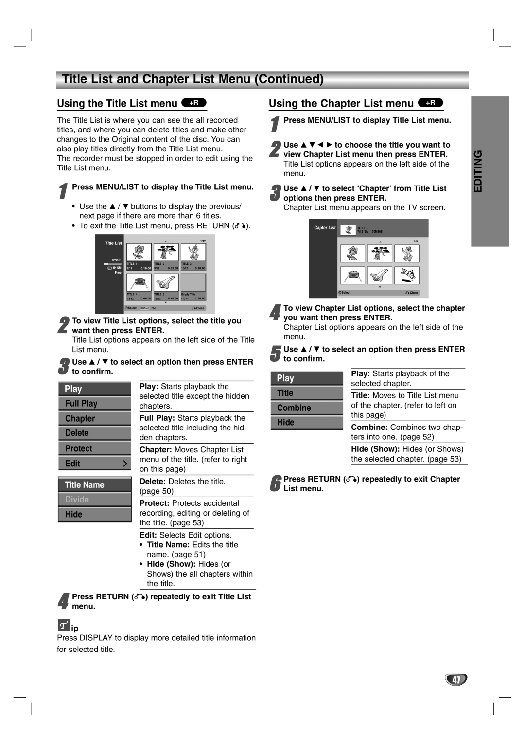 NEC NDR50 owner manual Using the Title List menu +R, Using the Chapter List menu +R 