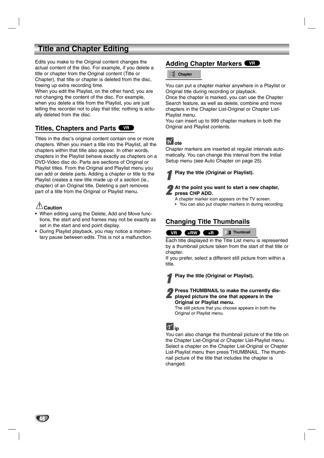 NEC NDR50 Title and Chapter Editing, Titles, Chapters and Parts VR, Adding Chapter Markers VR, Changing Title Thumbnails 