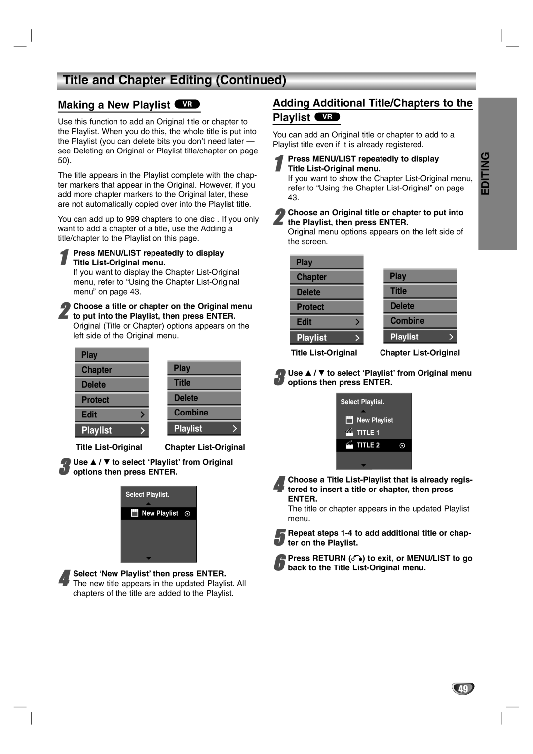 NEC NDR50 owner manual Making a New Playlist VR, Adding Additional Title/Chapters to Playlist VR 