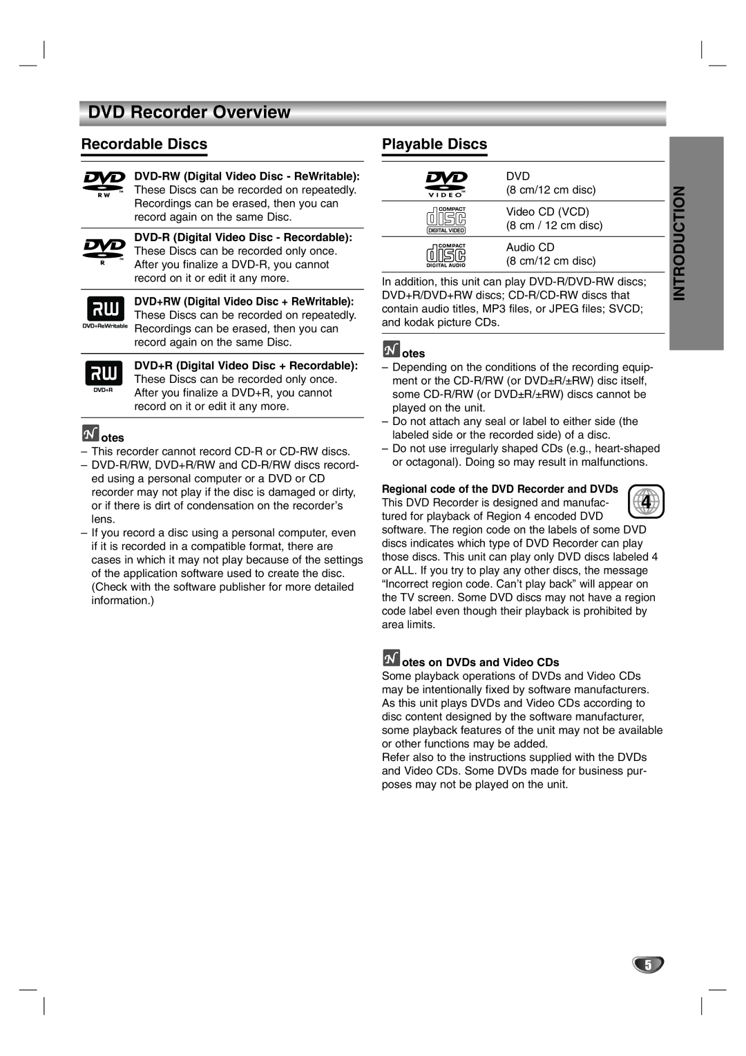 NEC NDR50 owner manual DVD Recorder Overview, Recordable Discs, Playable Discs, Regional code of the DVD Recorder and DVDs 