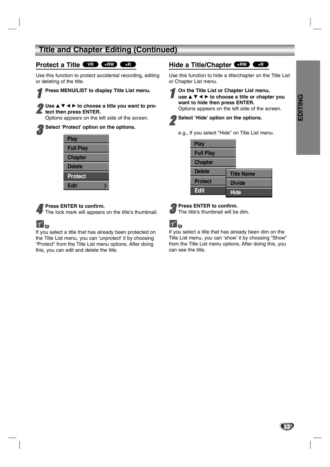 NEC NDR50 owner manual Play Full Play Chapter Delete Title Name Protect Divide, Select ‘Protect’ option on the options 