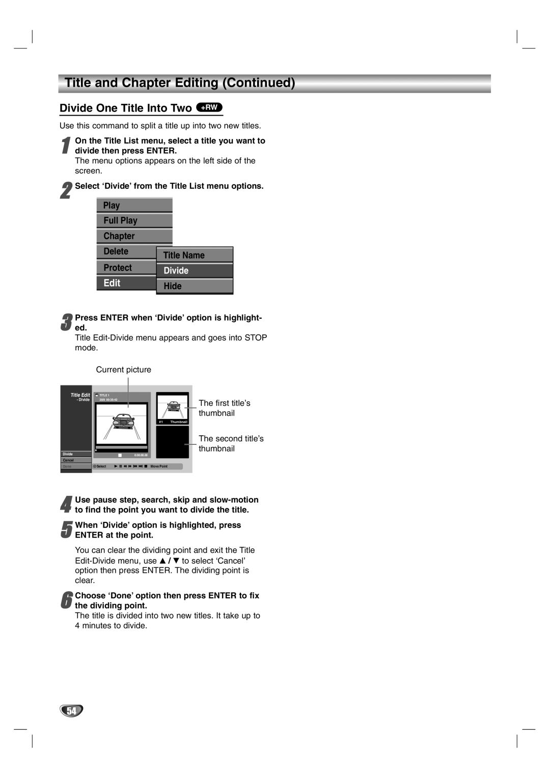 NEC NDR50 owner manual Divide One Title Into Two +RW, Play Full Play Chapter Delete Protect, Dividing point 