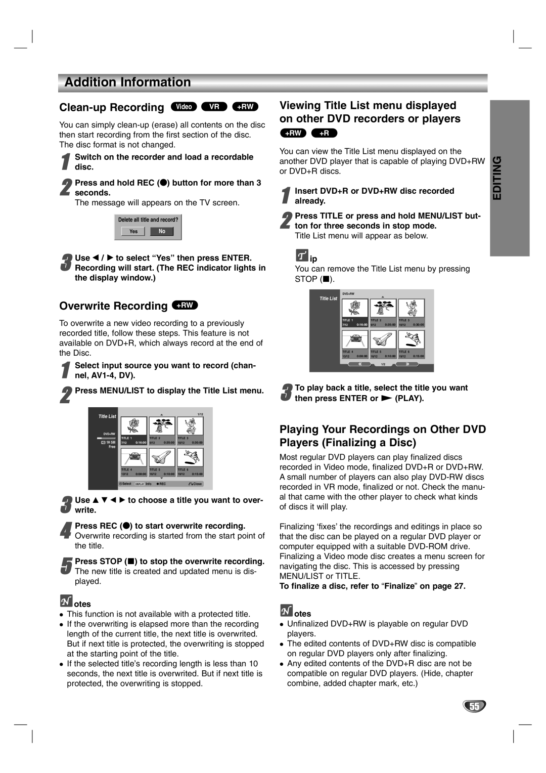 NEC NDR50 owner manual Addition Information, Clean-up Recording Video VR +RW, Overwrite Recording +RW 